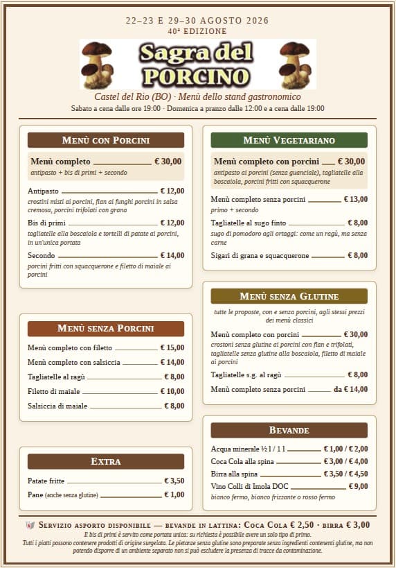 Menù dello stand gastronomico della 40ª Sagra del Porcino 2026